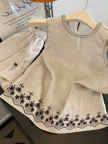 Camisa casual sin mangas de cuello redondo estilo vintage para mujer, estilo de vacaciones de verano - Albaricoque - Ver 4