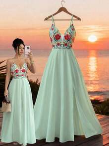 Vestido largo con abertura, escote en V, estampado floral, espalda elástica, diseño elegante y casual para uso diario, vacaciones y días festivos - Verde - Ver 12