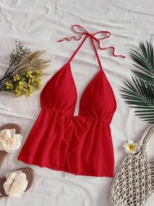 Camiseta de tirantes con cuello de halter y nudo en la espalda para mujer, adecuada para el verano - Rojo - Ver 4