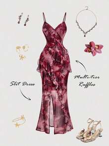 Vestido largo con abertura alta, cuello en V y volantes, con estampado de teñido anudado, vestidos de verano para mujer, vestidos en tonos pastel, vestido de fiesta, atuendo de fiesta, vestido de playa, atuendos de playa para mujer, vestidos ele - Multicolor 2 - Ver 1