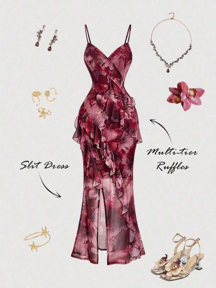Vestido largo con abertura alta, cuello en V y volantes, con estampado de teñido anudado, vestidos de verano para mujer, vestidos en tonos pastel, vestido de fiesta, atuendo de fiesta, vestido de playa, atuendos de playa para mujer, vestidos ele - Multicolor 2 - Ver 1
