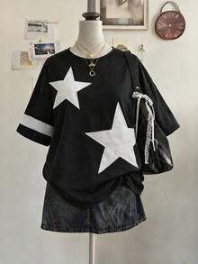 Camiseta de mujer de cuello redondo, hombros caídos, de largo medio, con estampado digital a rayas, de estilo minimalista y moderno, como regalo para amigos - Negro - Ver 4