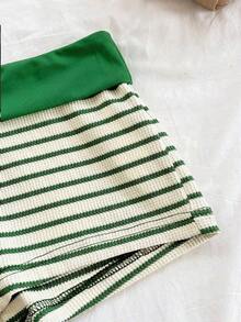 2 piezas Conjunto de camiseta de tirantes y pantalones cortos de punto a rayas con hebilla de metal, estilo casual de vacaciones, adecuado para fiesta, San Valentín, cita, discoteca, bohemio, vacaciones, otoño, ropa de mujer, vintage, días fest - Verde - Ver 6