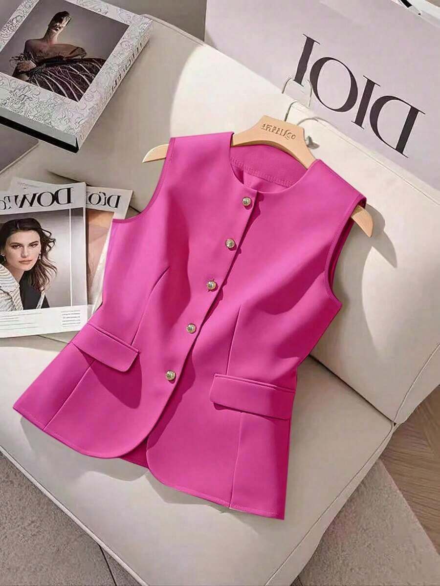 Camisa sin mangas de unicolor y estilo minimalista con botones para mujer - Rosa Fucsia - Ver 1