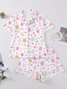 2pcs/Set Conjunto de pijama para mujer, estampado de estrella de mar y coco, ropa de estar en casa para mujer, atuendo de vacaciones de primavera/verano, top de manga corta con solapa y pantalones cortos, se puede usar en el exterior - Multicolor - Ver 1