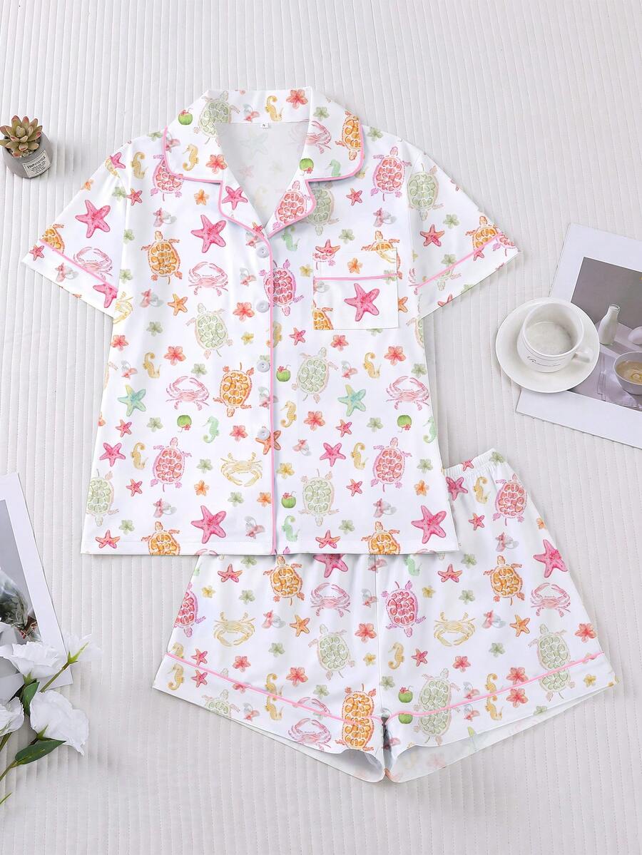 2pcs/Set Conjunto de pijama para mujer, estampado de estrella de mar y coco, ropa de estar en casa para mujer, atuendo de vacaciones de primavera/verano, top de manga corta con solapa y pantalones cortos, se puede usar en el exterior - Multicolor - Ver 1