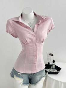 Camisa de mujer con cuello en V, cintura fruncida y manga corta, color blanco, para primavera/verano - Rosa 4 - Ver 7