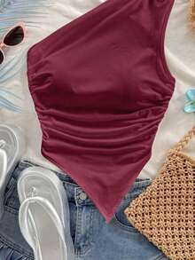 Blusa casual de unicolor con hombros oblicuos y ajustada, apropiada para el verano - Multicolor 4 - Ver 5