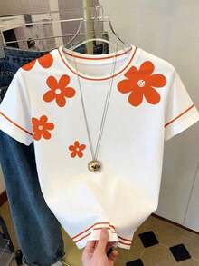 Camiseta de mujer de cuello redondo con estampado de contraste de color degradado de fresa, para verano - Blanco 2 - Ver 6