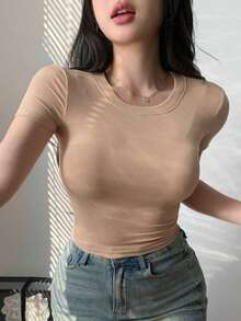 Camiseta de manga corta de unicolor casual para mujer, verano - Camel - Ver 2
