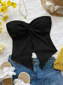 Top tubo de punto de textura amarillo ganso para mujer con abertura anudada en el medio delantero y borde ondulado, ajuste ceñido, para uso en fiestas, vacaciones y otoño/invierno - Negro - Ver 10