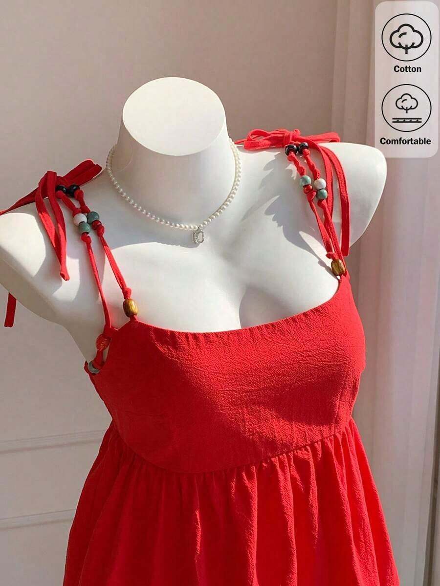 Camiseta sin mangas casual con volantes bordados para mujer - Rojo - Ver 1