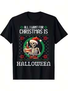 T-Shirts, Clothing, Gothic Style T-Shirt, Christmas Halloween Theme, Short Sleeve, Round Neck, Santa Claus Skull Design, Slogan "All I Want For Christmas Is Halloween", Regular Fit, Casual Style, Adult Size, National Shipping - 黑色 - 查看 6