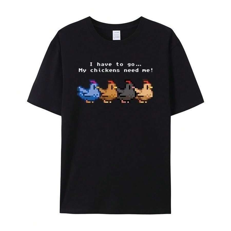Camiseta de Cuello Redondo Verano 2026, Diseño de Pollito de , Unisex, Corte Holgado, Versátil, Manga Corta - Negro - Ver 1
