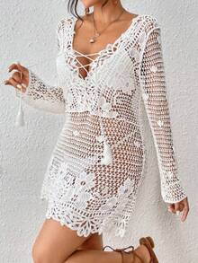 Sexy Solid Color Beach Cover-Up, Seaside Vacation Bikini Cover-Up, Loose-Fitting Sun-Protective Beach Dress - White - View 3