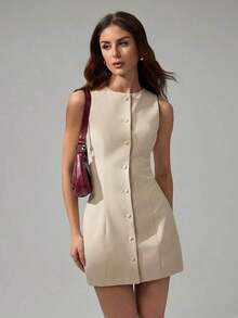 Tall Vestido corto casual sin mangas de cuello redondo y abotonado de un solo pecho de unicolor para mujer - Albaricoque - Ver 8