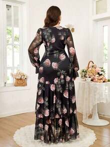 Reflora Nuevo vestido largo de mujer de talla grande con estampado floral, volantes en el bajo, cintura ceñida y alta elasticidad, vestido de otoño, vestido con volantes, vestido floral - Multicolor - Ver 3