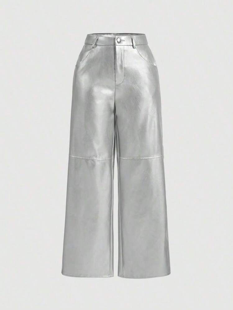 MOD Pantalones rectos de piel de poliuretano negros para una cita - Plateado - Añade 1