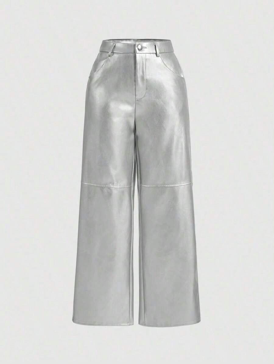 MOD Pantalones rectos de piel de poliuretano negros para una cita - Plateado - Ver 1
