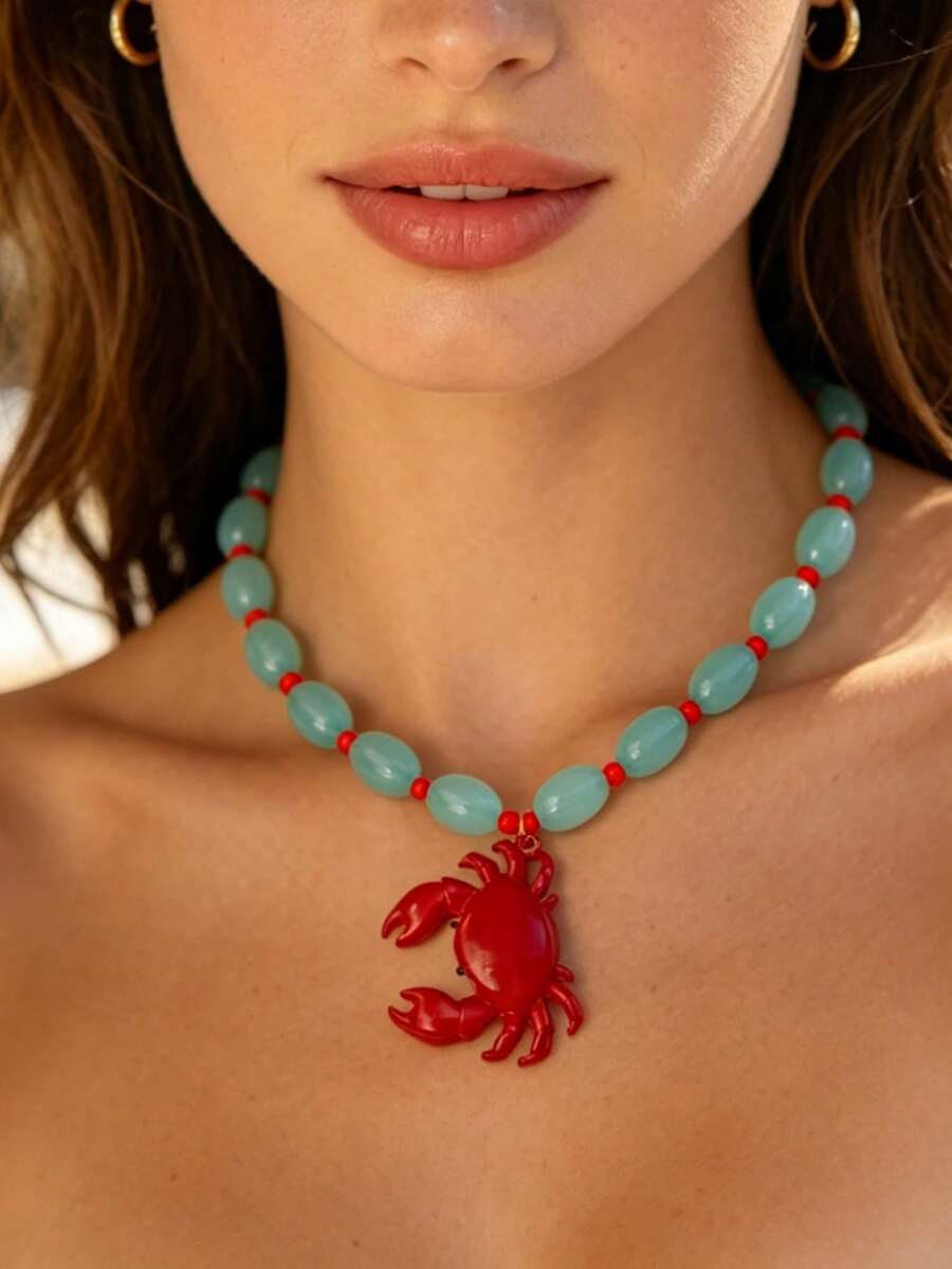 女士手工串珠螃蟹吊坠项链 | 多色复古航海风波西米亚风首饰 - 小螃蟹 - 查看 1