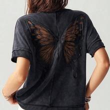 Casual Solid Color Knit Round Neck Short Sleeve Loose Butterfly Cutout Back Women T-Shirt,Summer Top - Morado - Ver 8