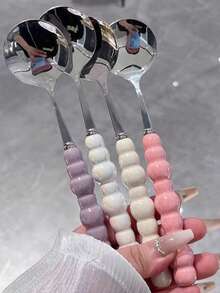 Elegant Stainless Steel Soup Spoon, Imitation Pearl Porcelain Handle, Oval Long Design,Reusable Dinner Spoon Perfect For Rice, Soup, Home Dining, Kitchen, Banquet And Daily Meal Use, Stylish Tableware Decor - Multicolor - View 1
