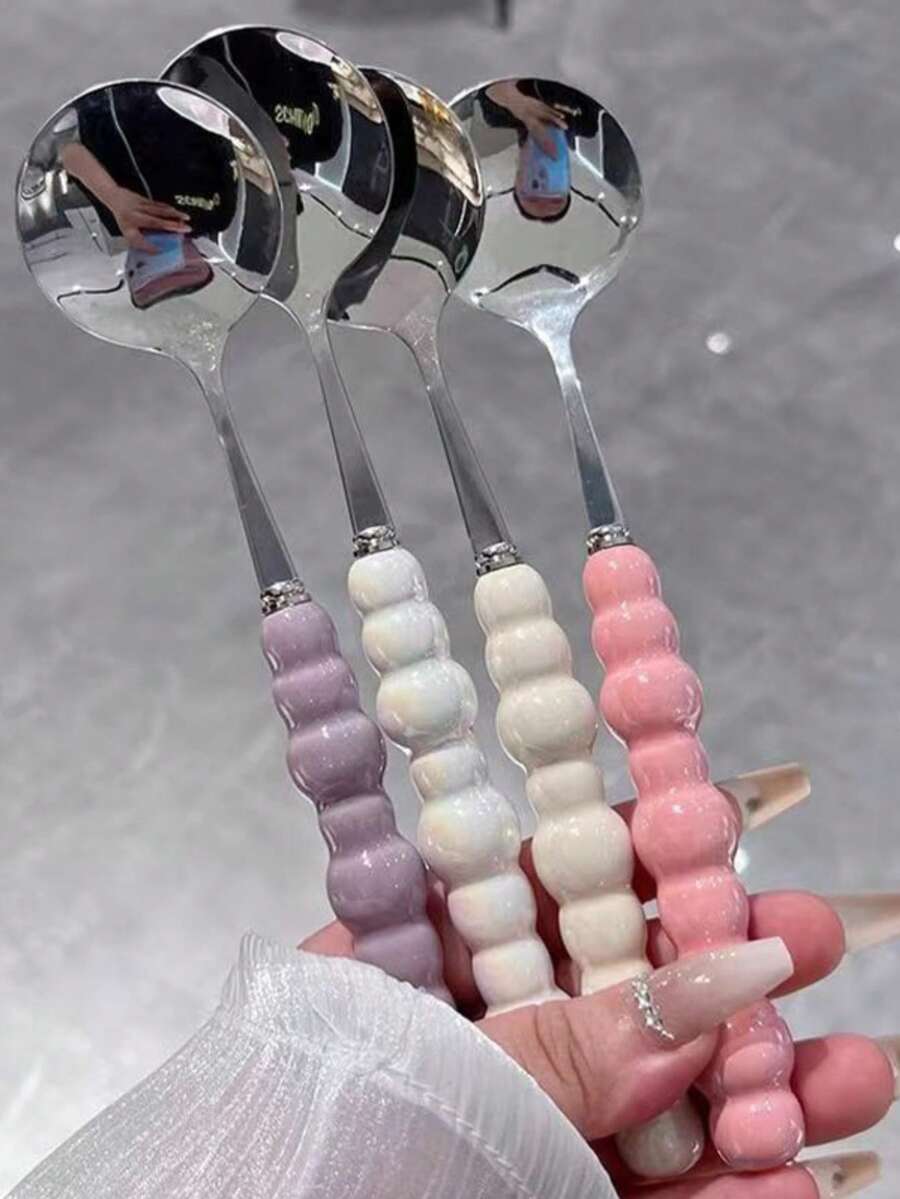Elegant Stainless Steel Soup Spoon, Imitation Pearl Porcelain Handle, Oval Long Design,Reusable Dinner Spoon Perfect For Rice, Soup, Home Dining, Kitchen, Banquet And Daily Meal Use, Stylish Tableware Decor - Multicolor - View 1
