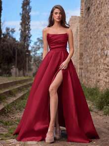 Vestido de noche elegante de mujer con fruncidos y abertura alta - Vestido formal de primavera/verano, adecuado para bodas, galas, alfombras rojas, fiestas, invitados de boda, fiesta de vacaciones de verano - Burdeos - Ver 7