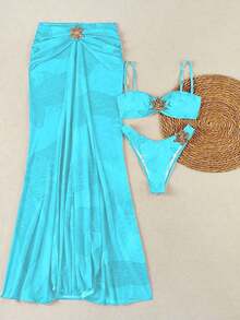 Nuevo Llegada Primavera/Verano Moda Mujer Elegante Casual Sexy Playa Vacaciones Cita Fiesta Conjunto Bikini Estampado Floral Tirantes Finos y Mini Falda - Azul - Ver 3