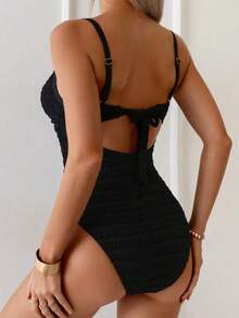 Traje de baño de una pieza sexy para mujer con rayas, escote delantero hueco y cordones en la espalda, para el verano - Negro - Ver 2
