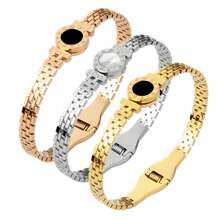 Conjunto de 3 piezas de joyas chapadas en oro como regalo: cinturón con incrustaciones de rhinestones, pulsera de acero inoxidable estilo romano de 18K chapado en oro para mujeres - estilo de combinación romana - Ver 12