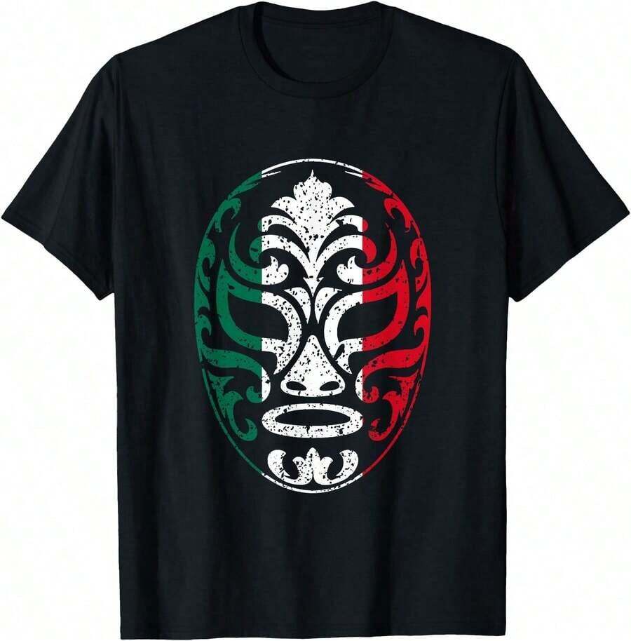 Camiseta de Mujer con Estampado Gráfico de Máscara de Lucha Libre Mexicana y Bandera, de Algodón Suave, para un Estilo Casual Elegante y Versátil en la Vida Diaria, Fiestas y Salidas, Tallas S - 3XL, Alta Comodidad y Elasticidad. Ropa de Verano para Mujer. - Negro - Ver 1