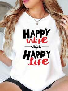 Camiseta Vintage para Mujer con Estampado "Esposa Feliz, Vida Feliz" - Blusa de Manga Corta con Cuello Redondo y Estampado de Lema de Matrimonio - Top Casual de Media Elasticidad para Primavera y Verano, Ideal como Regalo para Esposa, Atuendo Casual y para Citas Nocturnas - Ropa Divertida para Esposa 55151015Fashion - Blanco - Ver 1