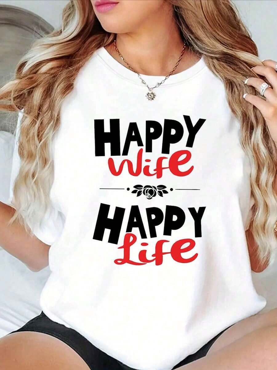 Camiseta Vintage para Mujer con Estampado "Esposa Feliz, Vida Feliz" - Blusa de Manga Corta con Cuello Redondo y Estampado de Lema de Matrimonio - Top Casual de Media Elasticidad para Primavera y Verano, Ideal como Regalo para Esposa, Atuendo Casual y para Citas Nocturnas - Ropa Divertida para Esposa 55151015Fashion - Blanco - Ver 1