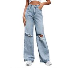 High Waist Ripped Wide Leg Jeans Women INS Fashion Casual Denim Pants - màu đen - Xem 7