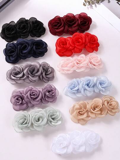 3 Piezas Clips de Pelo con Flores de Malla Brillante de Lujo para Niñas, Nuevos Accesorios de Pelo Elegantes de Moda Bohemia/Boho Rosa Metálico para Fiestas y Uso Diario