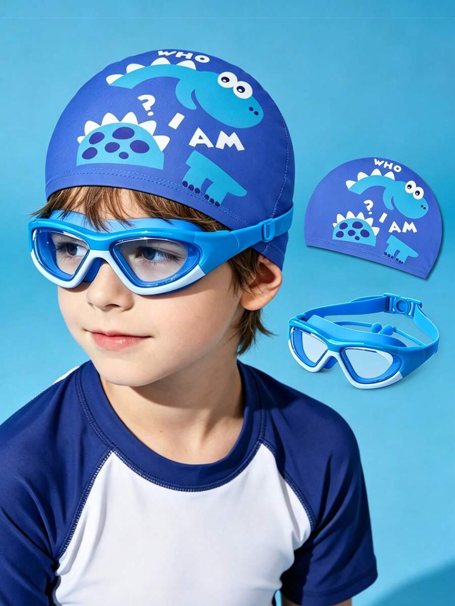 2pcs Cartoon Dinosaur Pattern Breathable Swimming Cap + Blue & White Anti-Fog Anti-Dust Swimming Goggles, Children Swimming Gear Set - Multicolor - View 1