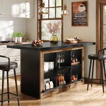 LITTLE TREE Kitchen Island With Storage, Counter Height Kitchen Island Table With 6 Open Cubbies And Footrests, Coffee Bar Table For Dining Room - Black and Brown - View 4