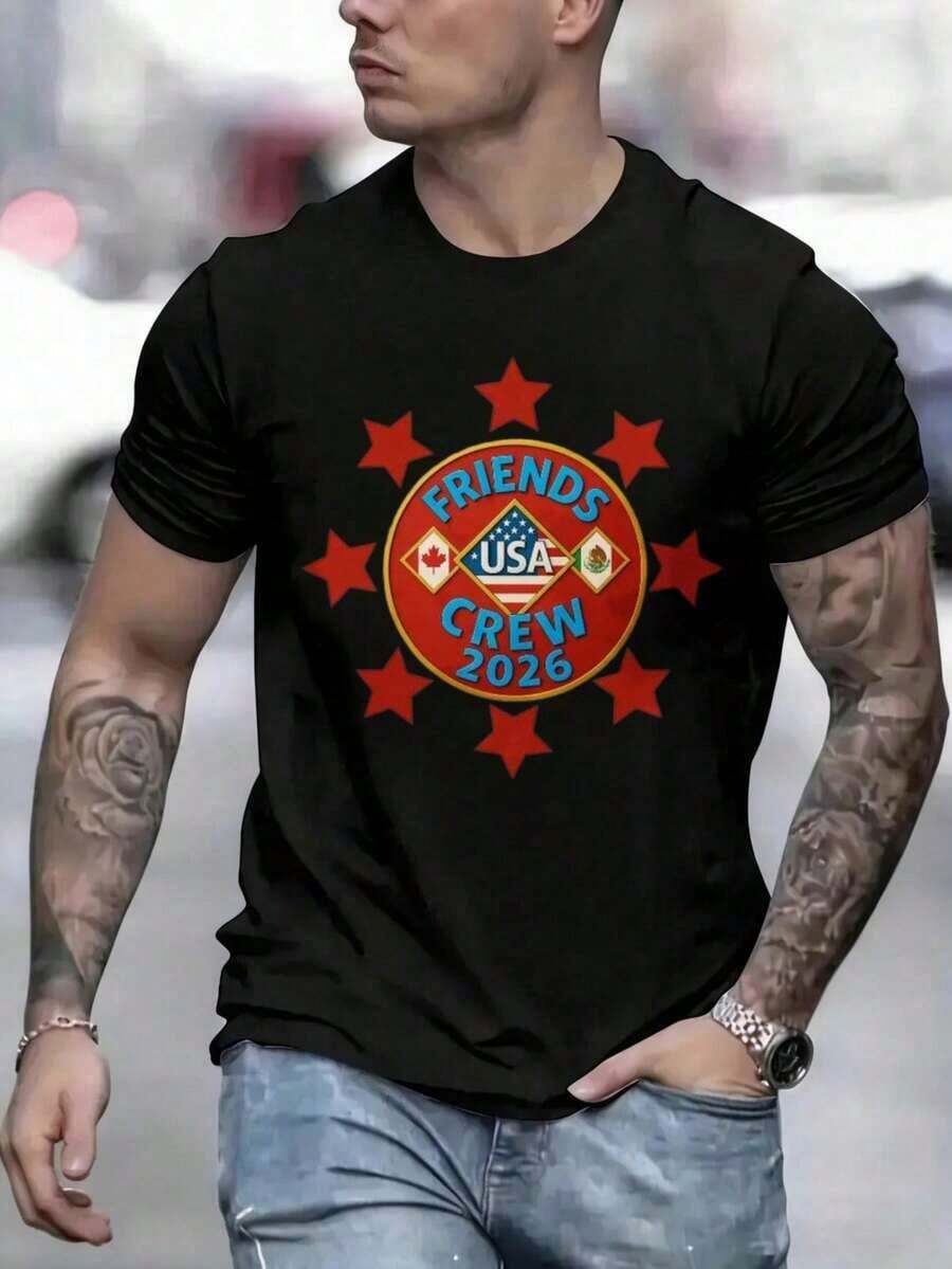 Camiseta Friends Crew 2026 USA, Diseño Retro con Insignia de Estrellas, Canadá, EE. UU.,éxico - Negro - Ver 1