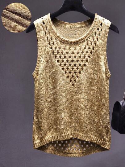 Women's Gold Sequin Hollow Out Knit Tank Top, Round Neck Sleeveless Sparkly Knitted Vest, Loose Fit Casual Summer Top