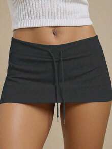 Minifalda de mujer con cintura baja y cordón, para verano - Gris Oscuro - Ver 1