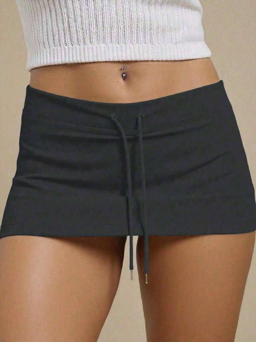 Minifalda de mujer con cintura baja y cordón, para verano - Gris Oscuro - Ver 1