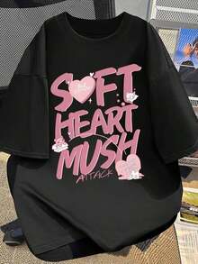Camisetas de manga corta de talla grande, suaves y transpirables para mujer - Tops casuales de corte holgado para uso diario, camiseta de manga corta, camiseta de manga corta pura, camiseta con estampado de dibujos animados, estilo universitario para chicas, top de verano súper elegante y cómodo. - Negro - Ver 7