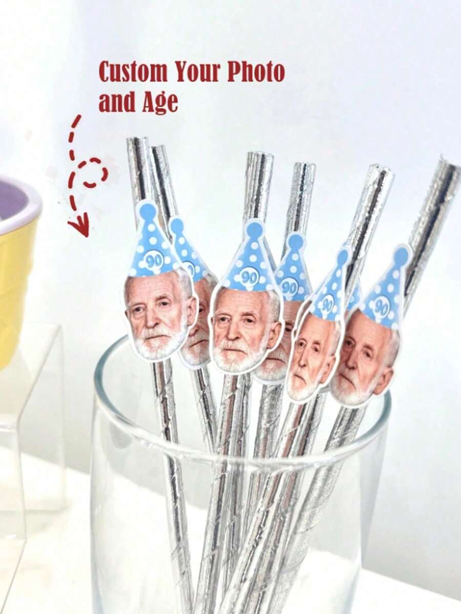 1/12/24支装个性化照片吸管，40-90岁生日装饰 - 定制照片吸管 - 95周年纪念餐具装饰 - 趣味生日吸管，多功能，装饰性强，可重复使用，精致时尚，高品质，色彩缤纷，个性化，独一无二，送给他的理想礼物，送给她的理想礼物，送给男友，送给爸爸，定制吸管