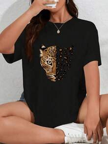 Playera mujer de algodón suave con estampado gráfico creativo de leopardo, manga corta, estilo casual y moderno, ideal para verano y uso diario - Negro - Ver 6