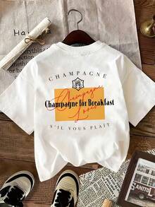 Camiseta vintage para mujer [estampado a doble cara], de manga corta, cuello redondo, estilo casual, con la marca "Champagne" y la frase "Champagne for Breakfast" impresa en un rectángulo amarillo en la parte trasera, lavable a máquina, adecuada para uso casual, ropa multiusos, camiseta a la moda, material cómodo, para entusiastas de la moda. - Blanco - Ver 2
