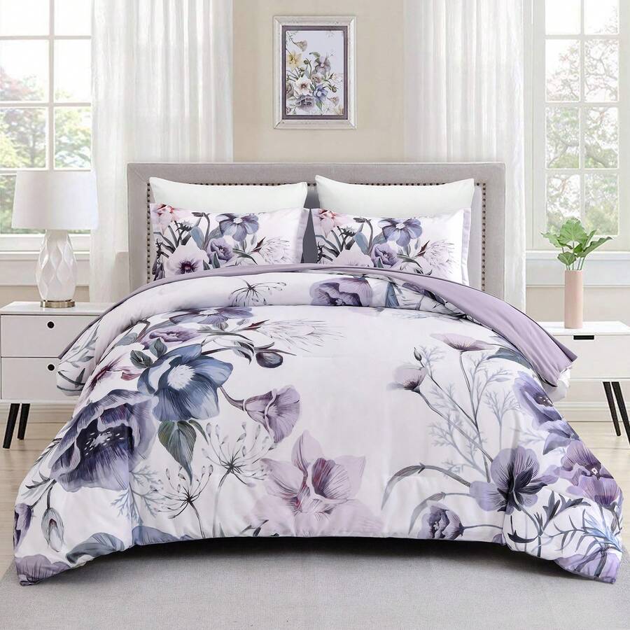 3 Piece Floral Comforter Set Queen King Size Purple/Green Floral Bed In A Bag, Soft Microfiber Bedding Set For All Season Home Decor Room Decor Bedroom Decor Bed Comforter Set Mothers Day Gift Wedding Decorations. - màu xanh lá - Xem 1