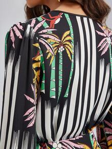 Rich Radi Q's Women's Elegant Long Sleeve V-Neck Regular Fit Striped Blouse, Tropical Design, Suitable For Summer Beach Holiday - Black - View 8
