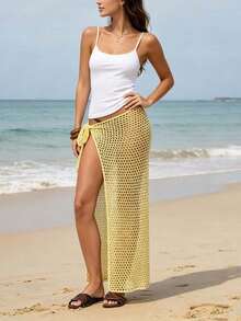 Falda Pareo de Playa de Crochet Tropical - Cubierta de Malla con Amarre y Abertura Alta - Amarillo - Ver 4