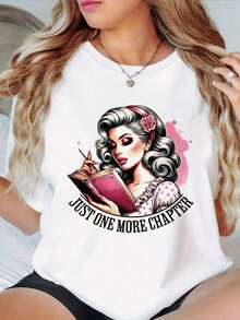 Camiseta de algodón puro para mujer, estilo casual, con cuello redondo, con un estampado gráfico de libro de "Just One More Chapter", patrón geométrico, manga corta, corte regular, ligeramente elástica, perfecta para fiestas de verano y estilo diario, camiseta gráfica de uso casual, textura suave. - Blanco - Ver 6